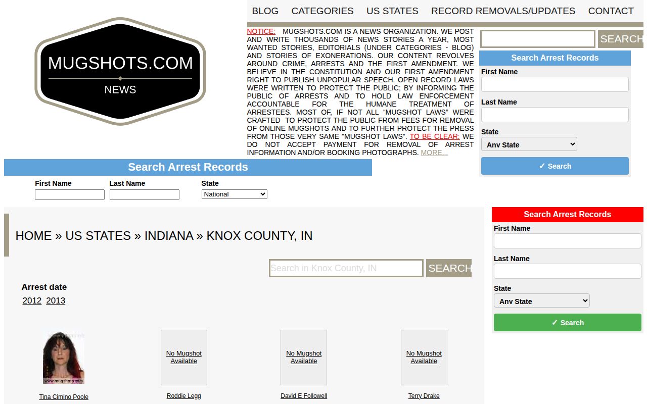 Knox County legacy mugshot record page with old arrest entries