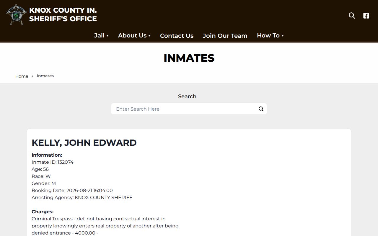 Knox County Jail current-custody roster and booking record search interface